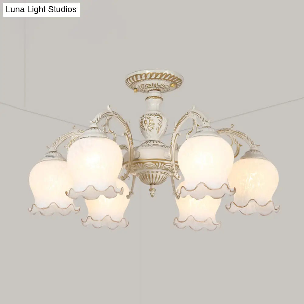 Rustic White Glass Semi Flush Mount Light Fixture With Beige Finish - Flower Living Room 3/5/6 Bulbs