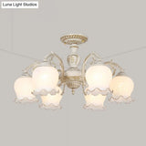 Rustic White Glass Semi Flush Mount Light Fixture With Beige Finish - Flower Living Room 3/5/6 Bulbs