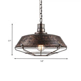 Wire Cage Pendant Light With Rustic Barn Shade - 1 Iron Fixture In Antique Brass/Rust 10-18 Width