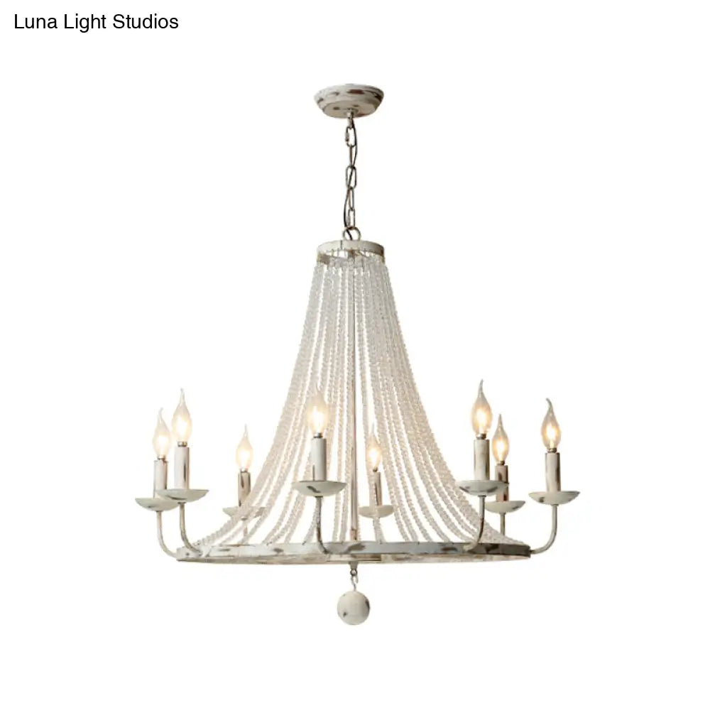 Rustic Wood Bead Chandelier With Clear Crystals - Vintage Wagon Wheel Pendant Light For Living Room