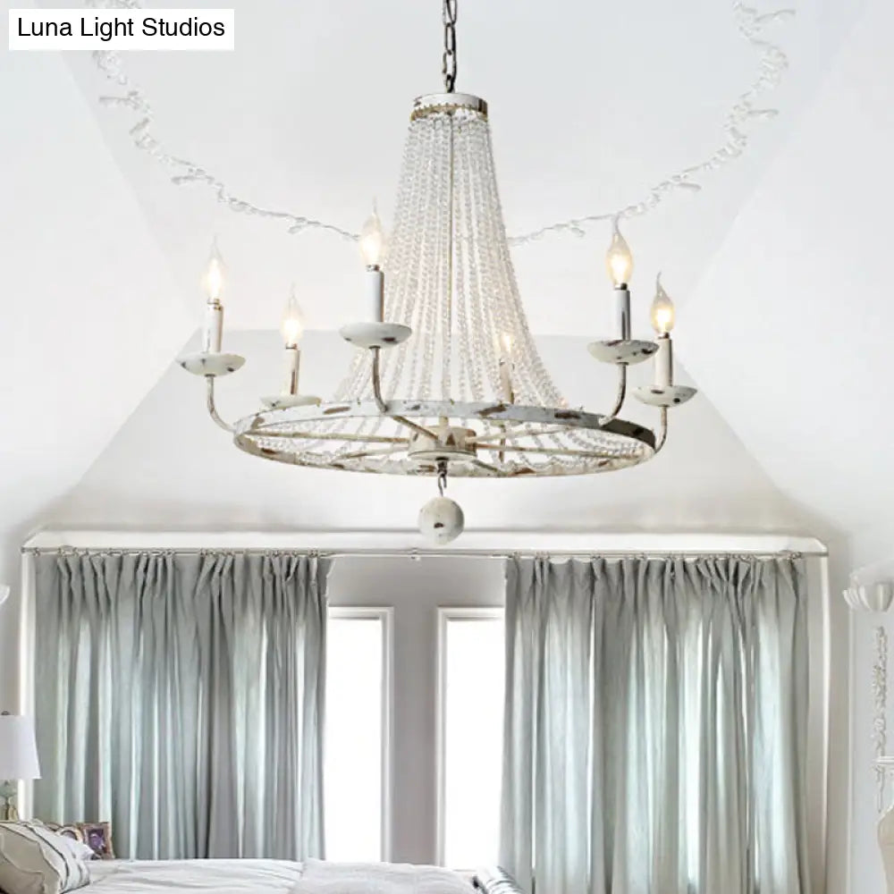 Rustic Wood Bead Chandelier With Clear Crystals - Vintage Wagon Wheel Pendant Light For Living Room