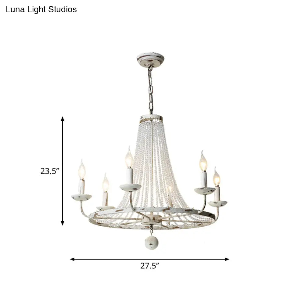 Rustic Wood Bead Chandelier With Clear Crystals - Vintage Wagon Wheel Pendant Light For Living Room