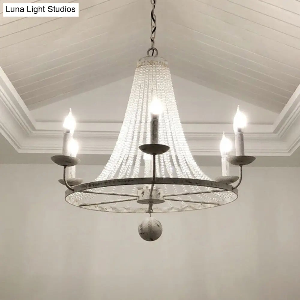 Rustic Wood Bead Chandelier With Clear Crystals - Vintage Wagon Wheel Pendant Light For Living Room
