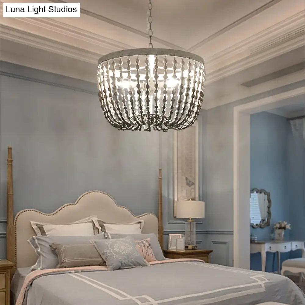 Rustic Wood Beaded Chandelier: Bedroom Hanging Light Fixture With 3 Lights In Black