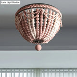 Rustic Wood Beaded Dome Flushmount Chandelier - 3 Bulb Ceiling Mount For Dining Table