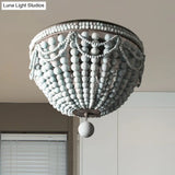 Rustic Wood Beaded Dome Flushmount Chandelier - 3 Bulb Ceiling Mount For Dining Table