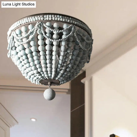 Rustic Wood Beaded Dome Flushmount Chandelier - 3 Bulb Ceiling Mount For Dining Table