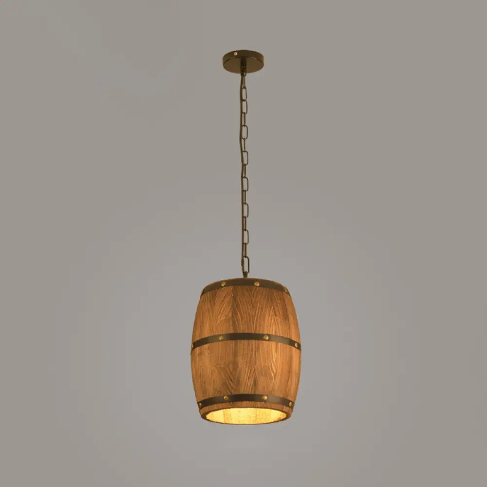 Rustic Wood Bucket Pendant Light For Bar - Brown Industrial Hanging Lamp