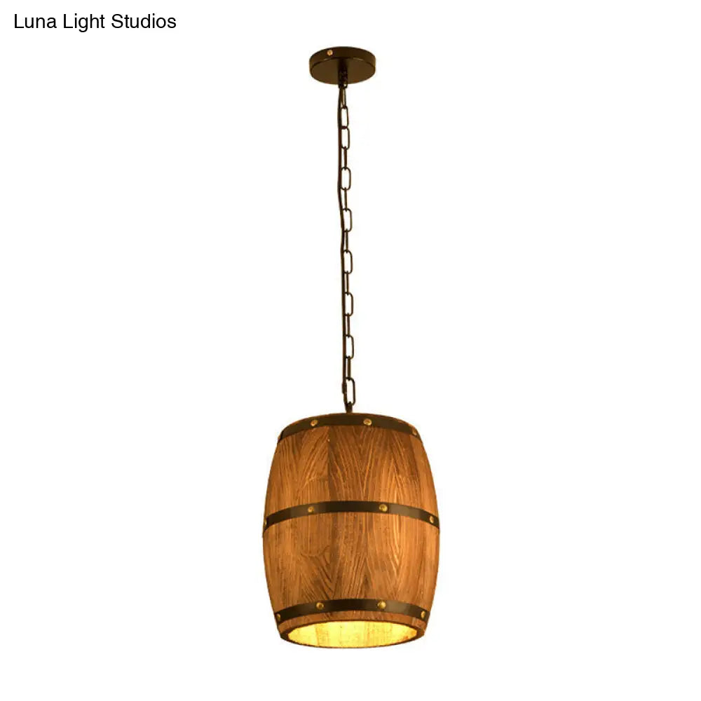 Rustic Wood Bucket Pendant Light For Bar - Brown Industrial Hanging Lamp
