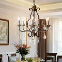 Rustic Wood Chandelier Lamp With Crystal Accent - Swooping Arm Pendant Light For Traditional Living