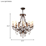 Rustic Wood Chandelier Lamp With Crystal Accent - Swooping Arm Pendant Light For Traditional Living