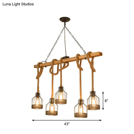 Rustic Wood Pendant Lamp: Linear Restaurant Hanging Island Light With Brown Roped Cage (3/5-Light)