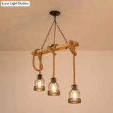 Rustic Wood Pendant Lamp: Linear Restaurant Hanging Island Light With Brown Roped Cage (3/5-Light)