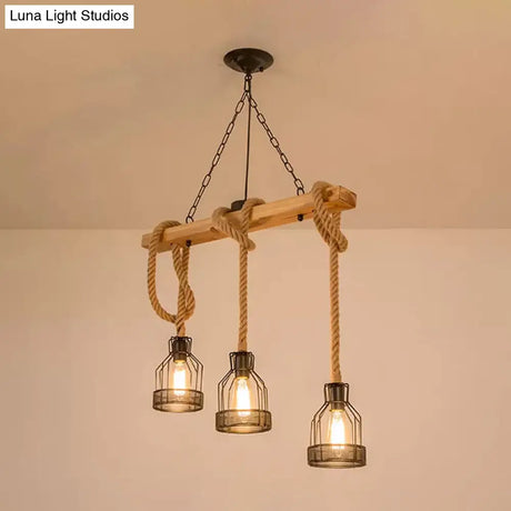 Rustic Wood Pendant Lamp: Linear Restaurant Hanging Island Light With Brown Roped Cage (3/5-Light)