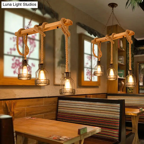 Rustic Wood Pendant Lamp: Linear Restaurant Hanging Island Light With Brown Roped Cage (3/5-Light)