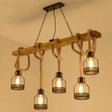 Rustic Wood Pendant Lamp: Linear Restaurant Hanging Island Light With Brown Roped Cage (3/5-Light) 5
