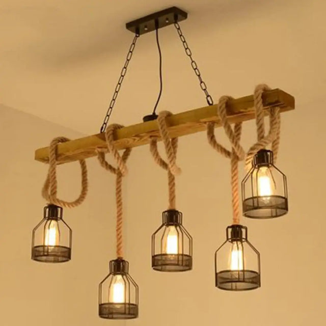Rustic Wood Pendant Lamp: Linear Restaurant Hanging Island Light With Brown Roped Cage (3/5-Light) 5