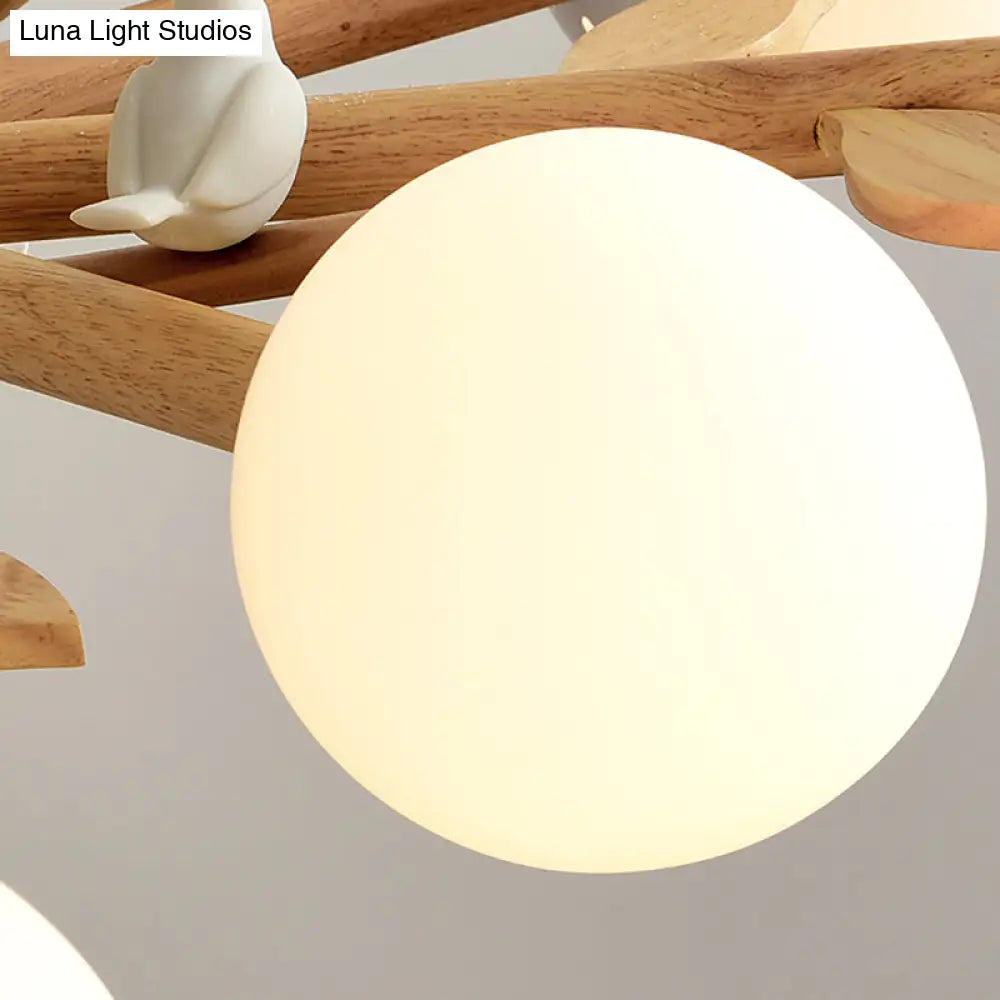 Rustic Wood Pendant Light With White Globe Shade And Bird Detail - Ideal For Dining Room