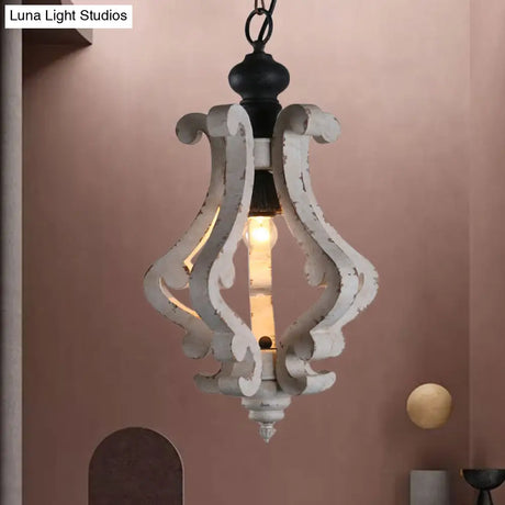 Rustic Wooden Lantern Pendant Ceiling Light - Distressed White Hanging Kit 1-Light Design