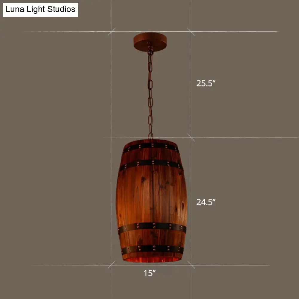 Rustic Wooden Wine Barrel Pendant Light - 1-Light Brown Suspension Lighting For Bistro