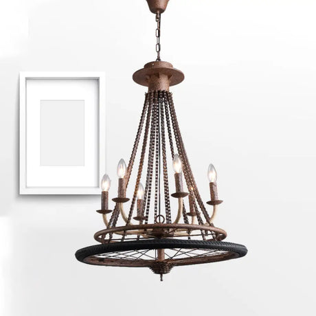 Rustic Wrought Iron Wheel Chandelier - Farmhouse Style Indoor Ceiling Lamp With 6 Lights Candle And