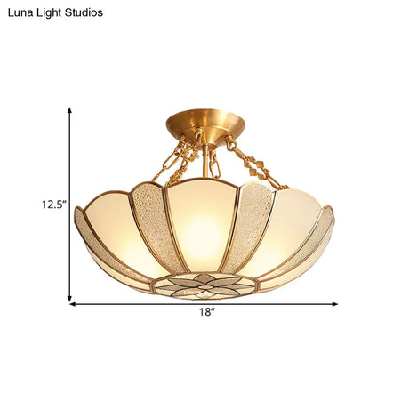 Scalloped Brass Opal Glass Ceiling Light Fixture - 4 - Head Traditional Semi Flush With Flower