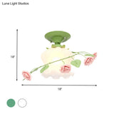 Scalloped Ceiling Flush Mount With Traditional White/Green Satin Opal Glass - Semi Lighting