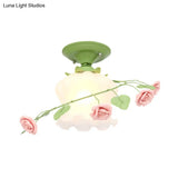 Scalloped Ceiling Flush Mount With Traditional White/Green Satin Opal Glass - Semi Lighting