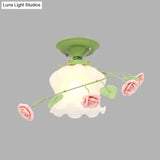 Scalloped Ceiling Flush Mount With Traditional White/Green Satin Opal Glass - Semi Lighting