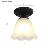 Scalloped Frosted Glass Semi Mount Rustic Ceiling Light Fixture - 1 Bulb Black