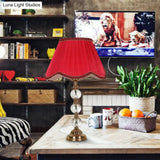 Scalloped Living Room Table Lamp In Pink/Red/Coffee With Crystal Accent