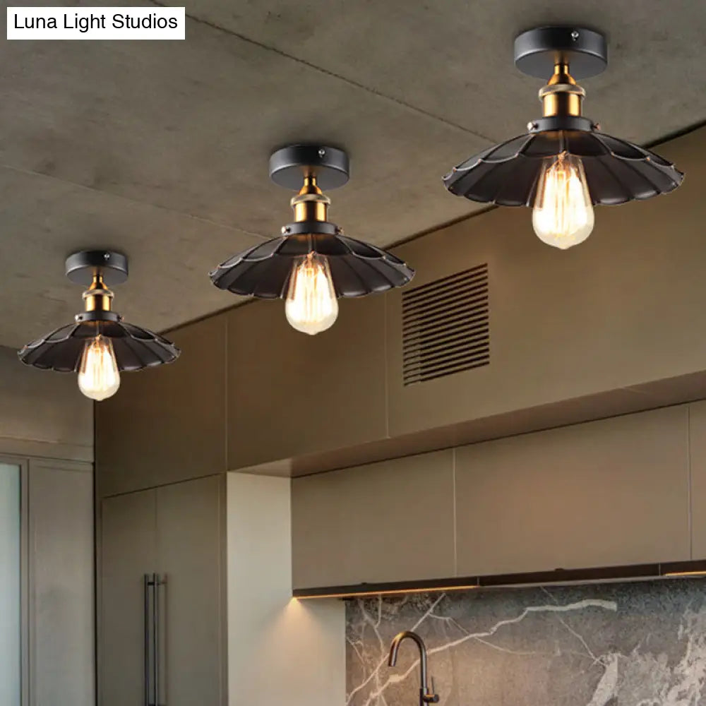 Scalloped Metal Ceiling Mount Industrial Restaurant Light In Black