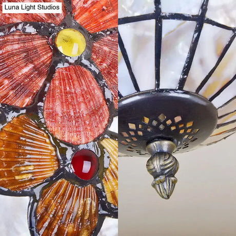 Scalloped Shade Semi Flush Stained Glass Ceiling Light Retro Style 12’/16’/20.5’ W
