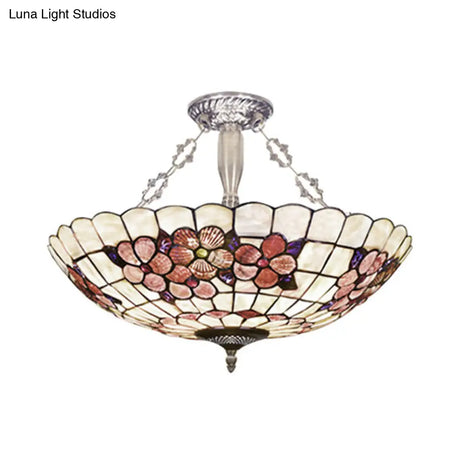 Scalloped Shade Semi Flush Stained Glass Ceiling Light Retro Style 12’/16’/20.5’ W