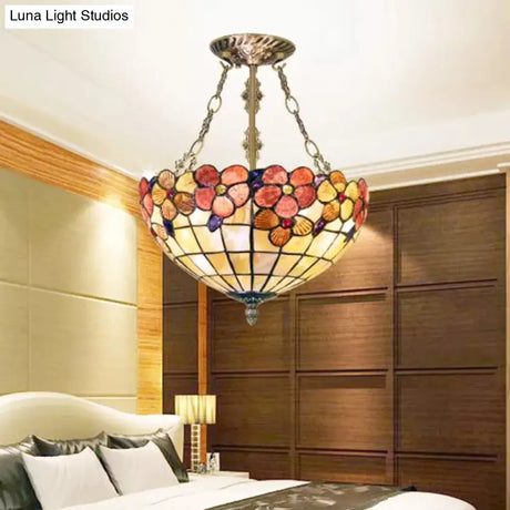 Scalloped Shade Semi Flush Stained Glass Ceiling Light Retro Style 12’/16’/20.5’ W