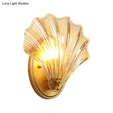 Scalloped Shell Wall Lamp In Country Style - Black/Gold Ribbed Glass Sconce Lighting