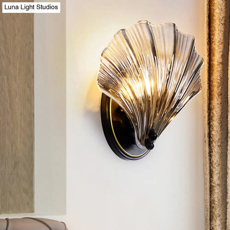 Scalloped Shell Wall Lamp In Country Style - Black/Gold Ribbed Glass Sconce Lighting