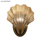 Scalloped Shell Wall Lamp In Country Style - Black/Gold Ribbed Glass Sconce Lighting