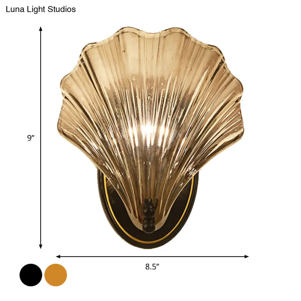 Scalloped Shell Wall Lamp In Country Style - Black/Gold Ribbed Glass Sconce Lighting