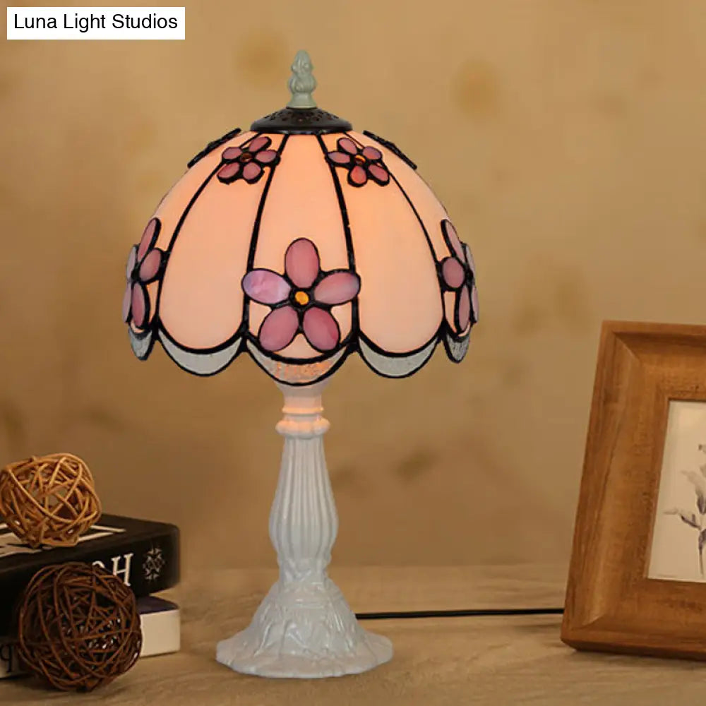 Scalloped-Trim Dome Tiffany Glass Table Lamp With Night Light - White/Coffee Flower Pattern
