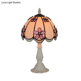 Scalloped-Trim Dome Tiffany Glass Table Lamp With Night Light - White/Coffee Flower Pattern
