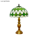 Scarlett - Classic Single Bulb Dome Nightstand Lamp Green Hand Cut Glass Desk Light With Grid