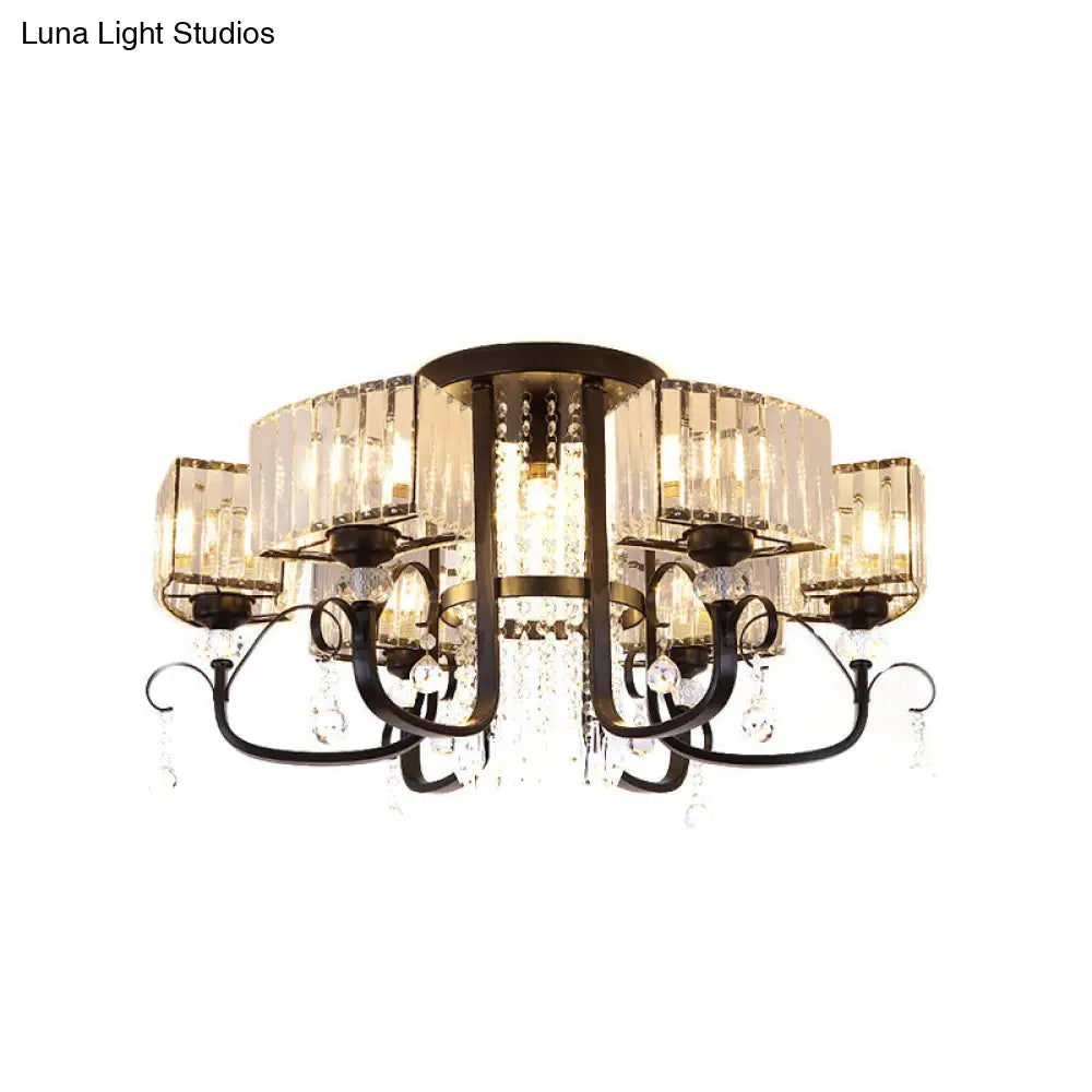 Semi Flush Black Metal Ceiling Lamp With Crystal Cuboid Shade - Swirling Arm 3/7 Heads