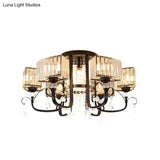 Semi Flush Black Metal Ceiling Lamp With Crystal Cuboid Shade - Swirling Arm 3/7 Heads