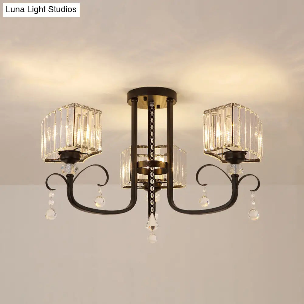Semi Flush Black Metal Ceiling Lamp With Crystal Cuboid Shade - Swirling Arm 3/7 Heads