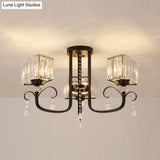 Semi Flush Black Metal Ceiling Lamp With Crystal Cuboid Shade - Swirling Arm 3/7 Heads