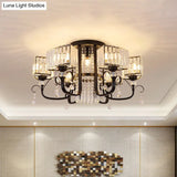 Semi Flush Black Metal Ceiling Lamp With Crystal Cuboid Shade - Swirling Arm 3/7 Heads