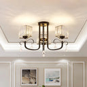 Semi Flush Black Metal Ceiling Lamp With Crystal Cuboid Shade - Swirling Arm 3/7 Heads 3 /