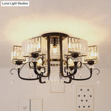 Semi Flush Black Metal Ceiling Lamp With Crystal Cuboid Shade - Swirling Arm 3/7 Heads