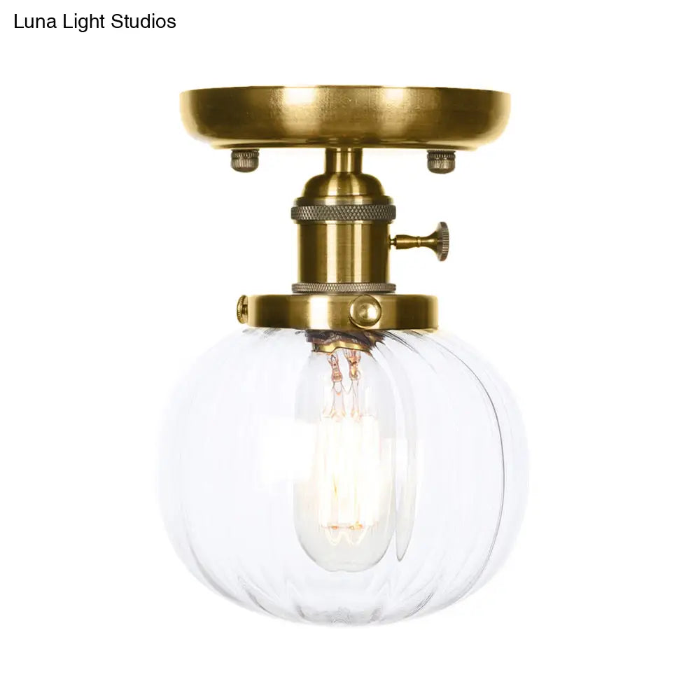 Semi Flush Bronze Globe Round Ceiling Light With Industrial Clear/Amber Glass - 1 - Light Fixture